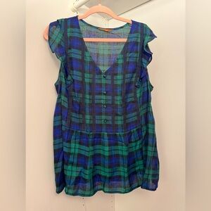 Modcloth Blue and Green Checkered Sleeveless Blouse